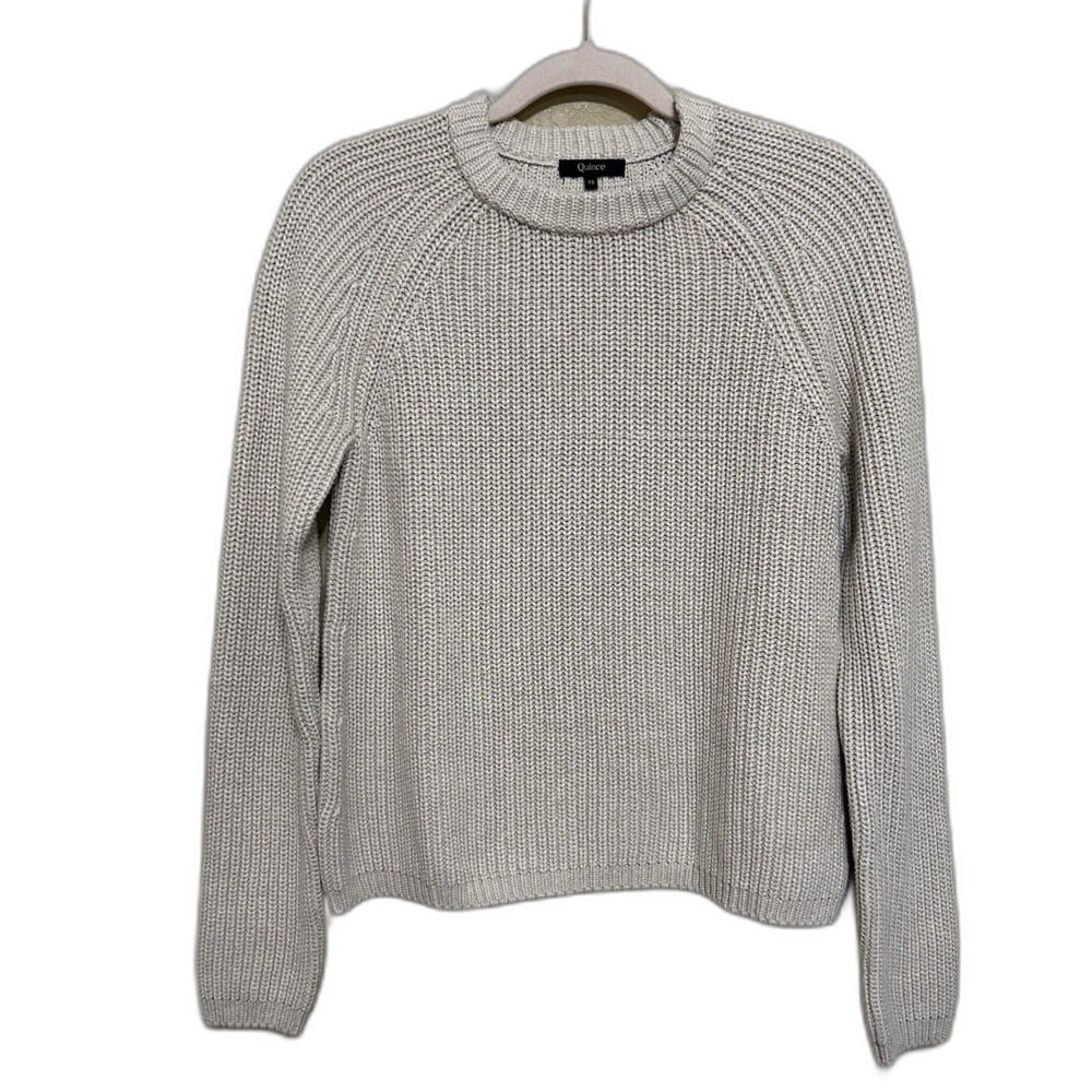 Quince Organic Cotton Fisherman Crew Sweater Women XS Speckled Beige Chunky Ribb